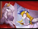  2016 armor banana chest_tuft crown duo equine eyes_closed feathered_wings feathers female feral food friendship_is_magic fruit fur hair horn inside long_hair male mammal my_little_pony orfartina pegasus princess_celestia_(mlp) royal_guard_(mlp) smile tuft white_fur winged_unicorn wings 