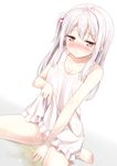  barefoot blush breasts collarbone covering covering_crotch dress dress_lift hair_ornament karutamo long_hair medium_breasts no_panties nose_blush one_side_up original pee peeing peeing_self red_eyes silver_hair simple_background sitting sleeveless solo sweat tears tisshu_(karutamo) wariza wavy_mouth white_dress 