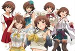  :d arm_behind_back bare_shoulders black_legwear blush bra breasts brown_eyes brown_hair clenched_hands cosplay detached_sleeves dress_shirt gloves hat hiei_(kantai_collection) hiei_(kantai_collection)_(cosplay) honda_mio huge_breasts idolmaster idolmaster_cinderella_girls kagamine_rin kagamine_rin_(cosplay) kantai_collection large_breasts long_hair long_sleeves look-alike looking_at_viewer mahou_shoujo_madoka_magica maya_(kantai_collection) maya_(kantai_collection)_(cosplay) mitakihara_school_uniform multiple_views no_legwear nontraditional_miko one_eye_closed open_mouth pantyhose pleated_skirt puffy_long_sleeves puffy_sleeves remodel_(kantai_collection) ribbon-trimmed_sleeves ribbon_trim school_uniform see-through shift_(waage) shirt short_hair sideboob simple_background skirt smile teeth thighhighs underwear uniform v-shaped_eyebrows vocaloid wet wet_clothes wet_shirt white_background 