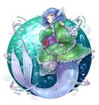  air_bubble blue_eyes blue_hair breasts bubble frills full_body head_fins highres japanese_clothes kimono looking_at_viewer medium_breasts mermaid monster_girl obi ototobe sash simple_background sleeves_past_wrists solo touhou wakasagihime water white_background wide_sleeves 