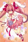  animal_ears bare_shoulders blush bouquet breasts bunny_ears cleavage di_gi_charat dice dice_hair_ornament flower frilled_skirt frills hair_ornament hair_ribbon long_hair medium_breasts mikadocosmo petals pink_hair pink_skirt red_eyes ribbon skirt smile solo twintails usada_hikaru 