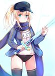  ahoge aqua_background aqua_eyes artoria_pendragon_(all) bad_id bad_pixiv_id baseball_cap blonde_hair blue_scarf buruma character_name cowboy_shot excalibur expressionless fate/stay_night fate_(series) gradient gradient_background gym_uniform hat highres jacket konka looking_at_viewer mysterious_heroine_x name_tag ponytail rojiura_satsuki:_chapter_heroine_sanctuary scarf short_hair solo sword thighhighs weapon white_background 