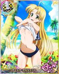  ahoge artist_request asia_argento beach bishop_(chess) blonde_hair bloomers blush card_(medium) character_name chess_piece flower green_eyes high_school_dxd high_school_dxd_born long_hair navel ocean official_art palm_tree sand shirt solo sweatdrop trading_card translation_request tree underwear undressing very_long_hair white_shirt 