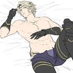  1boy abs bed blonde_hair fire_emblem fire_emblem_if flat_color gloves looking_at_viewer male_focus marx_(fire_emblem_if) muscle naughty_face pecs pov solo tagme topless u_(lastcrime) underwear undressing 