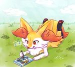  bad_tumblr_id blue_sky braixen cloud crayon day drawing eighth_note gen_6_pokemon grass lying musical_note no_humans on_stomach outdoors plum!_(plumcea) pokemon pokemon_(creature) pokken_tournament red_eyes sky tongue tongue_out 