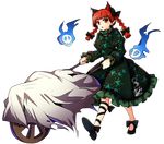  absurdres animal_ears baba_(baba_seimaijo) braid cat_ears dress extra_ears flaming_skull floating_skull full_body green_dress hair_ribbon highres juliet_sleeves kaenbyou_rin long_sleeves looking_at_viewer open_mouth puffy_sleeves red_eyes red_hair ribbon skull solo tachi-e tail touhou transparent_background twin_braids wheelbarrow 