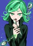  curly_hair dress green_eyes green_hair licking looking_at_viewer one-punch_man short_hair solo spoon spoon_bending tatsumaki yoku_(chocolateq) 