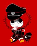  1girl doom_kitty female gloves hat military_hat military_uniform red_background ruby_gloom ruby_gloom_(character) simple_background skirt solo striped_legwear striped_socks 