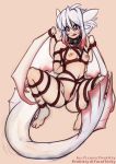  2019 animal_humanoid blep bound breasts collar dragon_humanoid female firekitty forked_tongue hair hi_res horn humanoid light_fury multicolored_hair navel nipples orange_background pink_eyes pussy red_hair rope rope_bondage rope_harness scales silver_soul simple_background small_breasts solo tongue tongue_out two_tone_hair white_hair white_scales wings 