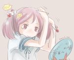  adjusting_hair animal animal_on_head arms_up bad_id bad_pixiv_id bunny bunny_on_head hair_bobbles hair_ornament help hina_(bird_salty) kantai_collection looking_at_mirror mirror o_o on_head pink_background pink_eyes pink_hair sazanami_(kantai_collection) school_uniform serafuku short_hair short_sleeves simple_background smile solid_circle_eyes solo twintails white_background 