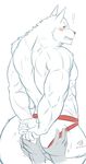  ! 2015 anthro better_version_at_source blush butt butt_grab canine clothed clothing disembodied_hand duo embarrassed fur grope hand_on_butt hands_behind_back hi_res jockstrap male mammal monochrome muscular rear_view simple_background solo_focus standing topless underwear white_background xsrwe12 