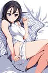  :c bare_shoulders black_eyes black_hair blush eyebrows_visible_through_hair highres legs lying matsunaga_kouyou on_side original short_hair shorts solo 