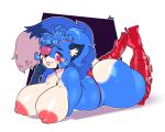  2019 abstract_background anthro big_breasts big_butt blue_fur blue_tail blush boosterpang breast_support breasts butt butt_heart canid canine clothed clothing digital_media_(artwork) eye_patch eyewear female footwear fox fur hair heterochromia hi_res high_heels huge_breasts lazuli_(doggod.va) legs_up looking_at_viewer lying mammal multicolored_eyes multicolored_fur multicolored_tail nipples on_front panties partially_clothed purple_eyes red_footwear shoes solo thick_thighs topless underwear white_fur yellow_eyes 
