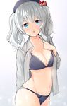  anza_tomo black_bra black_panties blue_eyes bow bow_panties bra breasts cleavage hat kantai_collection kashima_(kantai_collection) lace lace-trimmed_bra looking_at_viewer medium_breasts navel open_clothes open_mouth open_shirt panties shirt silver_hair solo twintails underwear 