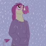  anthro clothed clothing coloborhynchus crest crocodilianbooty fangs female hoodie lychee_(crocodilianbooty) pointed_tail pterosaur reptile scalie snow snowing solo tongue tongue_out tusks 
