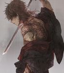  aiming arm_up back_tattoo bangs bare_shoulders brown_hair dark_skin dark_skinned_male dolldagga dragon dragon_print dragon_tattoo from_side grey_background holding holding_sword holding_weapon japanese_clothes jewelry kimono male_focus necklace off_shoulder ookurikara parted_lips profile red_hair shaded_face solo sword tattoo touken_ranbu upper_body weapon 