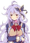  ahoge alternate_costume arms_at_sides blush braid breast_hold breasts butterfly_hair_ornament cosplay embarrassed granblue_fantasy hair_ornament long_hair looking_to_the_side odawara_hakone silva_(granblue_fantasy) silver_hair single_braid solo upper_body very_long_hair yellow_eyes 