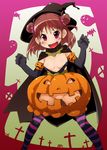  :d bat blush brown_hair cape church cross double_bun fang ghost gloves halloween hat idolmaster idolmaster_cinderella_girls munakata_atsumi no_panties open_mouth pink_eyes pumpkin pumpkin_skirt revealing_clothes semahiro short_hair smile solo v-shaped_eyebrows witch_hat 