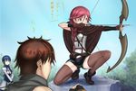  2girls :&lt; arrow blue_hair bow_(weapon) braid brown_eyes brown_hair fingerless_gloves gloves hai_to_gensou_no_grimgar haruhiro_(grimgar) jitome kyodairobo long_hair long_legs merry_(grimgar) multiple_girls shorts single_braid thighhighs translated weapon yume_(grimgar) 