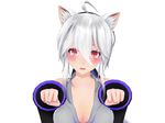  3d ahoge animal_ears blush breasts cat_ears cleavage commentary_request detached_sleeves headphones highres kira_miku long_hair looking_at_viewer medium_breasts mikumikudance necktie open_mouth paw_pose ponytail red_eyes silver_hair solo very_long_hair vocaloid voyakiloid yowane_haku 