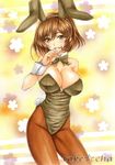  animal_ears blush bow bowtie breasts brown_eyes brown_hair bunny_ears bunny_girl bunny_tail bunnysuit cleavage large_breasts marker_(medium) pantyhose sasaki_(suzumiya_haruhi) short_hair smile solo suzumiya_haruhi_no_yuuutsu tail takecha teeth traditional_media wrist_cuffs 