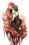  1girl baccano! bad_id bad_pixiv_id black_dress black_footwear black_hair blood chane_laforet claire_stanfield closed_eyes dress flower full_body hand_on_another's_face hand_on_another's_hip highres hug imminent_kiss kneeling open_mouth red_hair rose shoes sitting xiaoren359 