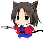  animal_ears black_eyes black_hair blush cat_ears chibi expressionless jacket japanese_clothes kara_no_kyoukai kemonomimi_mode kimono knife lowres obi red_jacket ryougi_shiki sash sen_(astronomy) short_hair solo tail 