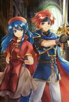  1girl armor arms_behind_back bad_id bad_pixiv_id black_legwear blue_eyes blue_hair cape capelet dress fire_emblem fire_emblem:_fuuin_no_tsurugi gloves hat headband indoors jewelry lilina long_hair nemupon_(goodlucky) pantyhose red_hair roy_(fire_emblem) skirt smile sword weapon 