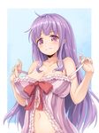  absurdres babydoll blue_background blush breasts cleavage highres large_breasts long_hair looking_at_viewer midriff navel no_hat no_headwear off_shoulder ouka_(ra-raradan) panties patchouli_knowledge purple_eyes purple_hair ribbon simple_background sleeveless solo striped touhou underwear undressing upper_body 