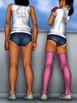  2girls black_hair multiple_girls ponytail sandansu socks tagme tan tanline track track_uniform 