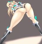  1girl angela_balzac artist_request ass bare_shoulders bent_over blonde_hair blue_eyes blush bodysuit breasts elbow_gloves from_behind gloves hanging_breasts headgear highres leaning leaning_forward leotard long_hair looking_at_viewer looking_back low_twintails rakuen_tsuihou solo thigh_strap thong thong_leotard twintails 