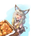  1girl :d animal_ear_fluff animal_ears bell bell_collar betabeet chicken_(food) collar commentary english_commentary erune fang flower food granblue_fantasy grey_hair hair_between_eyes hair_flower hair_ornament highres jingle_bell licking_lips long_hair looking_at_viewer open_mouth orange_eyes photo-referenced sen_(granblue_fantasy) smile solo tongue tongue_out 
