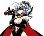  ahoge arsene bad_id bad_pixiv_id black_gloves blue_hair breasts cape crown elbow_gloves flower gloves heart henriette_mystere large_breasts looking_at_viewer mask mini_crown purple_eyes rose saiko_dagashi short_hair side_ponytail simple_background solo tantei_opera_milky_holmes white_background 