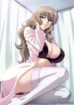  black_bra black_panties blue_eyes blush bra breasts cleavage genkaku_cool_na_sensei_ga_aheboteochi! hair_flip infirmary kagami_hirotaka labcoat large_breasts light_brown_hair long_hair looking_at_viewer mizushiro_hazuki panties solo thighhighs underwear wavy_hair white_legwear 