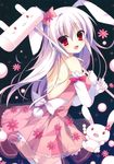  1girl animal_ears blush bunny_ears comic_market comic_market_86 dress fang female flower gloves happy long_hair looking_back muku-coffee purple_hair rabbit red_eyes ribbon ringonotane solo tail thighhighs 