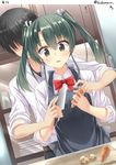  1girl alternate_costume apron artist_name belt black_hair blush bow bowtie carrot commentary contemporary cooking dish eyebrows eyebrows_visible_through_hair food green_eyes green_hair hair_between_eyes hair_ornament hair_ribbon hino_(2nd_life) holding holding_food holding_hand holding_knife kantai_collection knife long_hair no_eyes open_mouth red_bow red_neckwear ribbon school_uniform shaded_face shirt sidelocks solo_focus sweat sweatdrop twintails twitter_username vegetable white_ribbon zuikaku_(kantai_collection) 