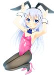  animal_ears ascot blue_eyes blue_hair bunny_ears bunny_pose bunny_tail bunnysuit chestnut_mouth detached_collar fake_animal_ears fishnet_pantyhose fishnets gaou gochuumon_wa_usagi_desu_ka? hair_ornament high_heels kafuu_chino kneeling long_hair looking_at_viewer pantyhose pink_footwear shoes solo tail wrist_cuffs x_hair_ornament 