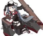  black_legwear blue_hair cannon capelet commentary_request cosplay flight_deck gloves graf_zeppelin_(kantai_collection) graf_zeppelin_(kantai_collection)_(cosplay) grey_eyes grey_hair hand_on_headwear hat highres iron_cross jacket kantai_collection kiyoshimo_(kantai_collection) kneeling looking_at_viewer low_twintails machinery miniskirt multicolored_hair necktie one_eye_closed pantyhose peaked_cap riz_(ravel_dc) skirt smile solo twintails twitter_username 