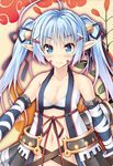  bare_shoulders bell blue_eyes blue_hair blue_ribbon blush breasts cleavage commentary_request date_elf_masamune detached_sleeves elf facial_mark hair_bell hair_ornament hair_ribbon japanese_clothes long_hair long_sleeves looking_at_viewer mitsuki_mantarou navel pointy_ears red_ribbon red_rope ribbon rope small_breasts smile solo twintails two_side_up upper_body white_ribbon 