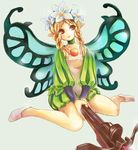 blonde_hair blue_wings bow_(weapon) braid butterfly_wings choker crossbow fairy flat_chest flats flower full_body hair_flower hair_ornament highres long_sleeves mercedes odin_sphere pointy_ears puffy_long_sleeves puffy_sleeves red_eyes rito_(ritostyle) sitting smile solo twin_braids wariza weapon wings 