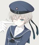  blue_eyes cheek_poking clothes_writing hat kantai_collection long_sleeves poking sailor_hat silver_hair solo_focus uniform yammy z1_leberecht_maass_(kantai_collection) 