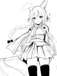  alternate_costume animal_ears arms_behind_back bangs braid bunny_ears cosplay cowboy_shot fate/apocrypha fate/grand_order fate_(series) flag greyscale hair_ribbon japanese_clothes jeanne_d'arc_(fate) jeanne_d'arc_(fate)_(all) kara_no_kyoukai kemonomimi_mode kimono long_hair miniskirt monochrome obi ribbon rojiura_satsuki:_chapter_heroine_sanctuary ryougi_shiki ryougi_shiki_(cosplay) sash sen_(astronomy) skindentation skirt solo sweatdrop thighhighs zettai_ryouiki 