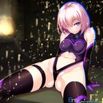  bare_shoulders black_legwear black_leotard blush breasts cameltoe chromatic_aberration commentary_request elbow_gloves fate/grand_order fate_(series) gloves hair_over_one_eye highres leotard looking_at_viewer mash_kyrielight medium_breasts navel pink_hair purple_eyes purple_leotard short_hair sitting skin_tight smile solo spread_legs thighhighs tsurugi_ai_(seikan_hitchhiker) 