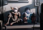  2boys abs bakugou_katsuki black_footwear blonde_hair boku_no_hero_academia boots face_mask green_eyes green_hair green_jumpsuit jumpsuit maneki-neko_(fujifuji) mask mask_lift midoriya_izuku multiple_boys pipes red_eyes red_footwear sitting spiked_hair superhero uniform 