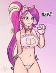  bell breasts cadence_(my_little_pony) cat_lingerie cleavage glove hand_behind_back large_breasts long_hair multicolored_hair my_little_pony my_little_pony_friendship_is_magic navel personification pink_background pink_eyes scorpdk smile waving 