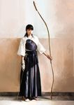  absurdres archery arrow barefoot black_eyes black_hair blurry bow_(weapon) dated faux_traditional_media full_body gloves hakama highres holding holding_weapon indoors japanese_clothes kyuudou long_hair looking_at_viewer muneate original partly_fingerless_gloves photo-referenced photorealistic real_life real_life_insert signature single_glove solo standing toda_erika weapon yotsuyu yugake yumi_(bow) 