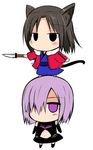  animal_ears bare_shoulders black_eyes black_hair blush cat_ears chibi expressionless fate/grand_order fate_(series) hair_over_one_eye jacket japanese_clothes kara_no_kyoukai kemonomimi_mode kimono knife mash_kyrielight multiple_girls obi purple_eyes purple_hair red_jacket ryougi_shiki sash sen_(astronomy) short_hair tail 