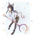  animal_ears bell bell_collar black_hair blue_eyes bow collar long_hair original pantyhose ribbon sayika smile solo staff star tail tail_bow tail_ribbon 