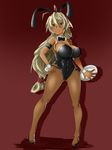  absurdres animal_ears blonde_hair bow bowtie braid brown_eyes bunny_ears bunnysuit dark_skin deadball_iwata detached_collar fishnet_pantyhose fishnets highres long_hair pantyhose pointy_ears sansei_muramasa solo soukou_akki_muramasa standing tray wrist_cuffs 