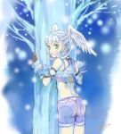  1girl artist_request ass bike_shorts blue_hair blush gloves green_eyes head_wings helmet looking_back melia nintendo open_mouth short_hair smile solo tree wings xenoblade xenoblade_(series) 